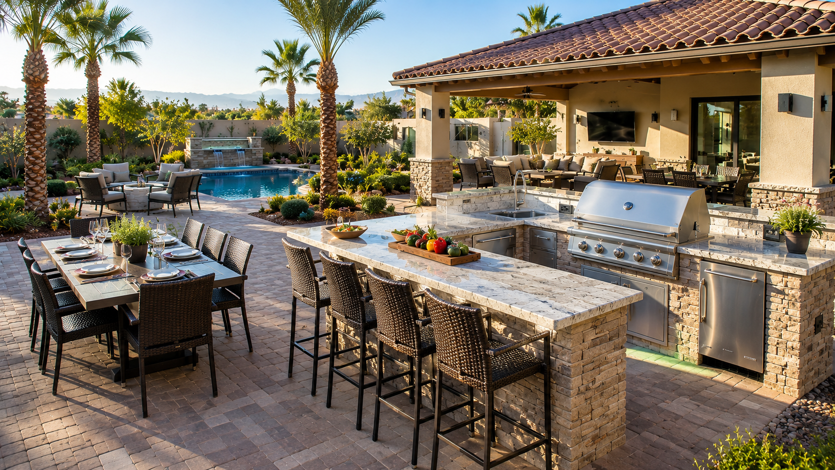 Luxury Phoenix Metro outdoor kitchen featuring a built-in grill, bar seating, outdoor dining area, premium paver patio, and resort-style backyard design.