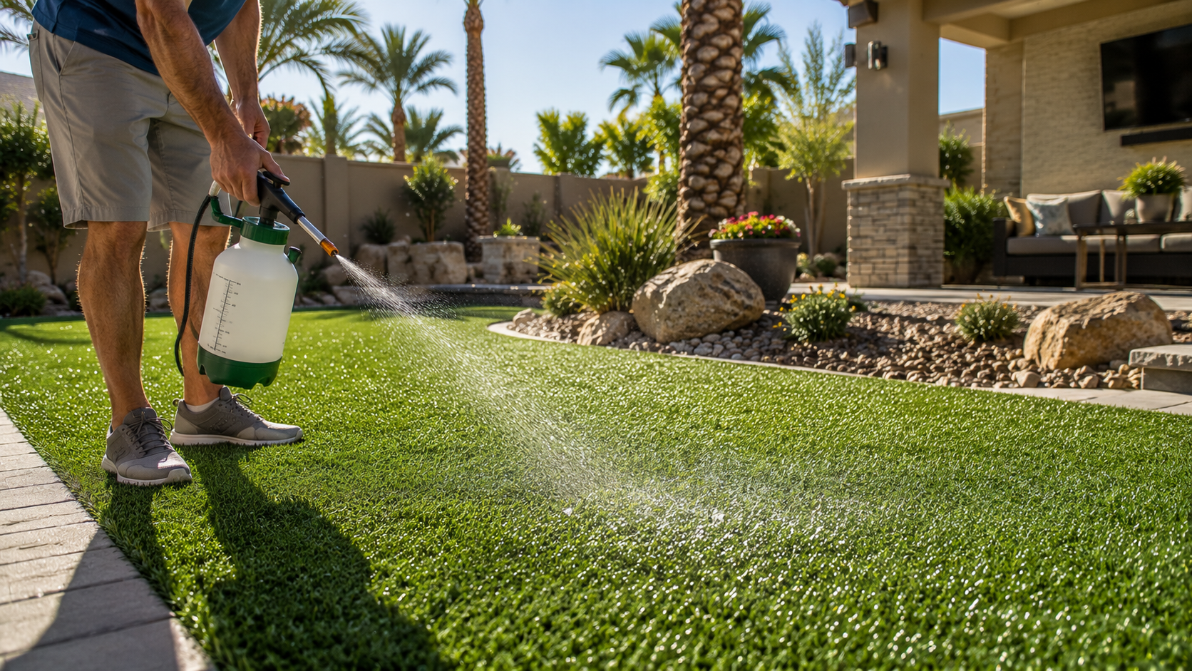 Homeowner spraying cleaner onto artificial grass in a luxury Phoenix Metro backyard demonstrating proper turf cleaning and disinfection.