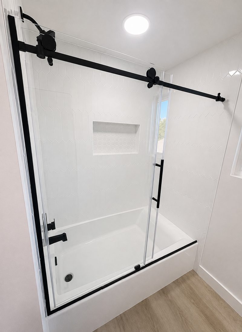 Guest bathroom shower after renovation by ForgePoint, Anegada