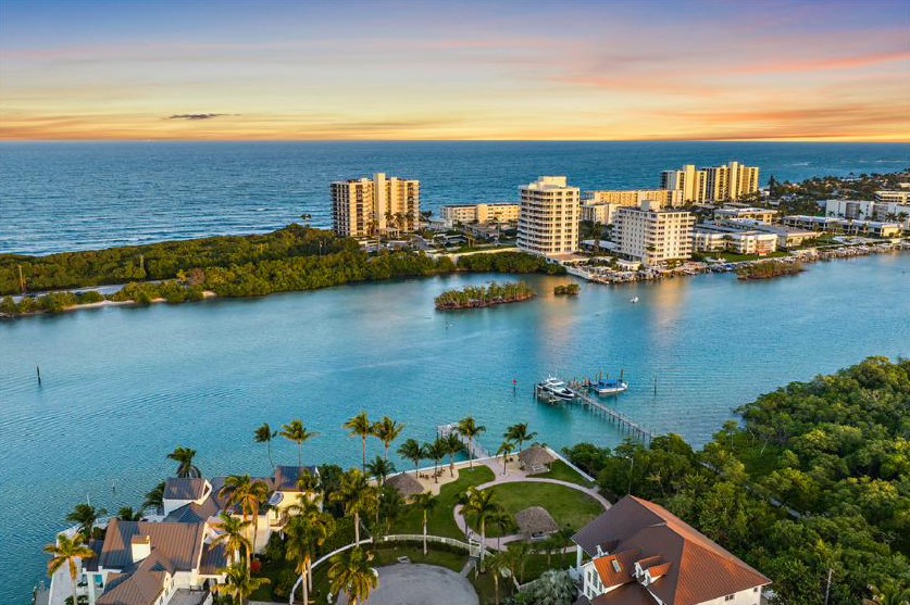 Sunset aerial view of the Jupiter Inlet and the Jupiter, Florida coastline
