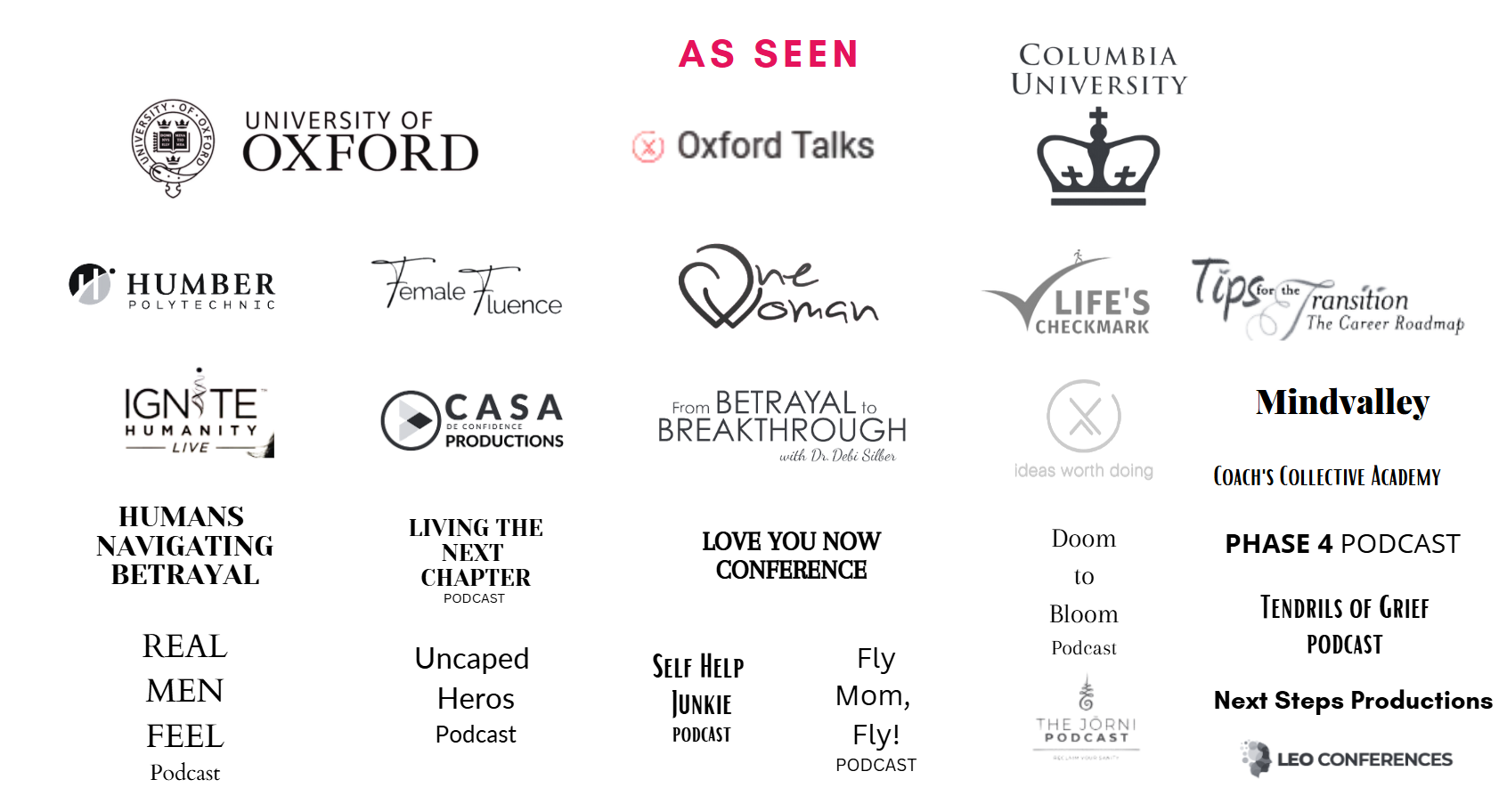 Vanessa Cardenas featured across podcasts, platforms, and stages including Oxford Talks, Columbia University, and multiple relationship and personal growth media outlets