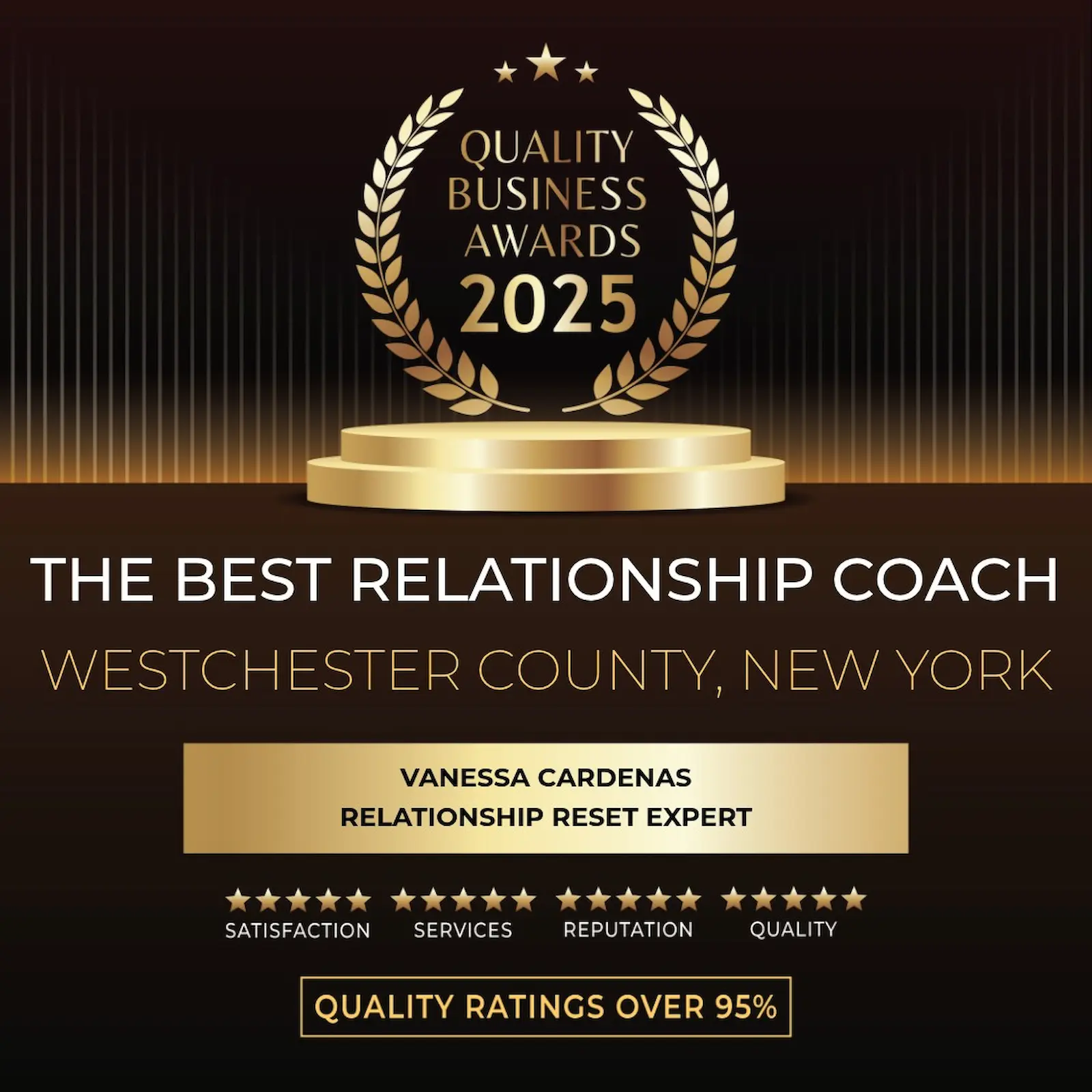 Vanessa Cardenas, award-winning relationship reset expert and couples coach in Westchester County, recognized as Best Relationship Coach in 2025.