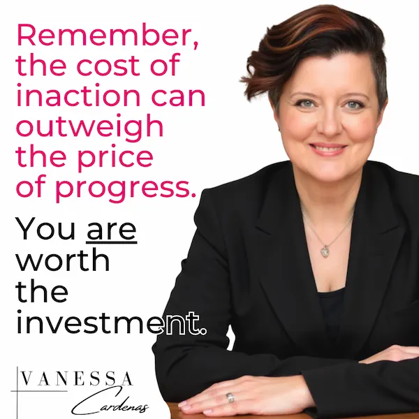 Vanessa Cardenas, Betrayal Recovery Specialist, on the homepage, emphasizing that the cost of inaction can outweigh the price of progress, encouraging visitors to invest in their healing journey.