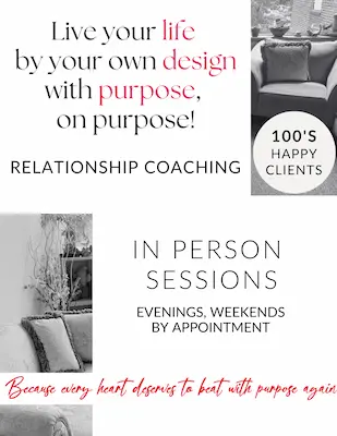 Westchester County relationship coaching promotional graphic featuring in-person sessions, purposeful living messaging, and a warm, inviting coaching environment.
