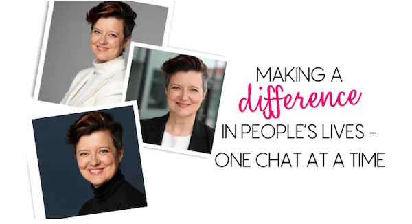 Collage of Vanessa Cardenas headshots with the text “Making a difference in people’s lives, one chat at a time