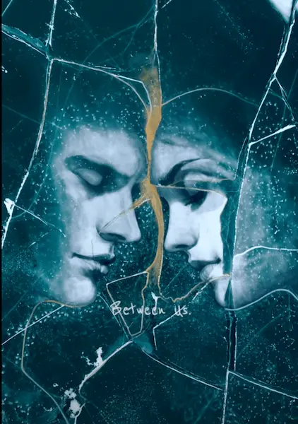 Two figures facing each other across a gold-filled fracture in blue-green ice, from David Popa’s Between Us artwork. Two figures facing each other across a gold-filled fracture in blue-green ice, from David Popa’s Between Us artwork.