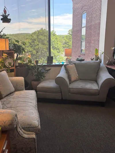 Warm, plant-filled Relationship Reset office in Peekskill, New York, with a loveseat and chair beside large windows. Warm, plant-filled Relationship Reset office in Peekskill, New York, with a loveseat and chair beside large windows.