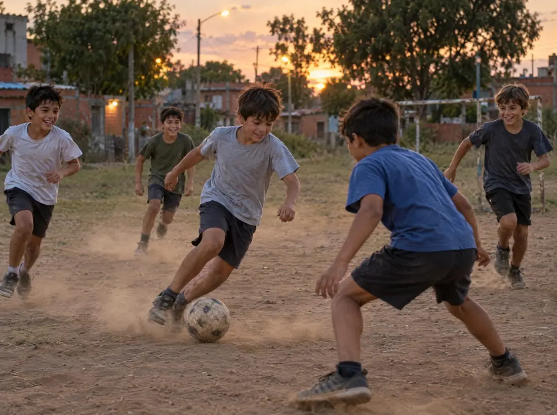 Chicos jugando un partido en un potrero de tierra al atardecer
