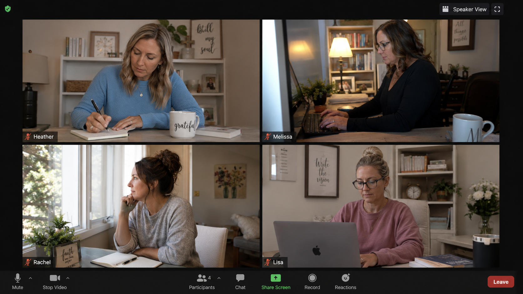 A Writing Room session &mdash; four members writing at their own desks, cameras on.