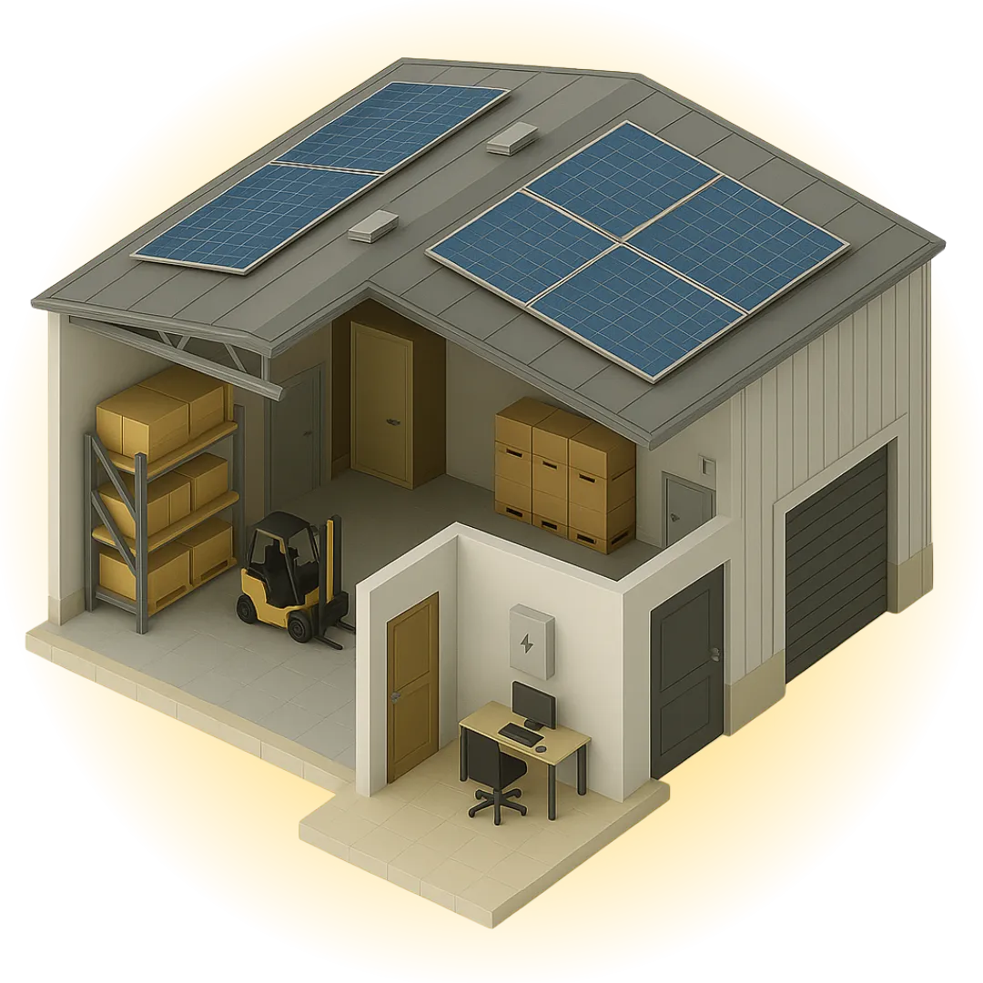A 3D model of a warehouse featuring solar panels installed on the roof in a commercial solar setting. 
