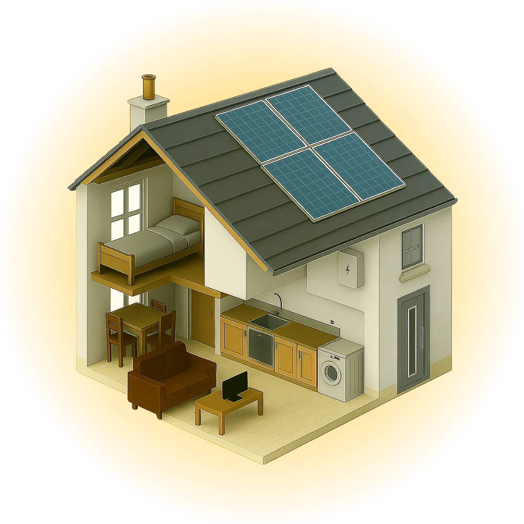 A 3D representation of a small home equipped with a solar panels installed on the roof, emphasizing renewable energy solutions. 
