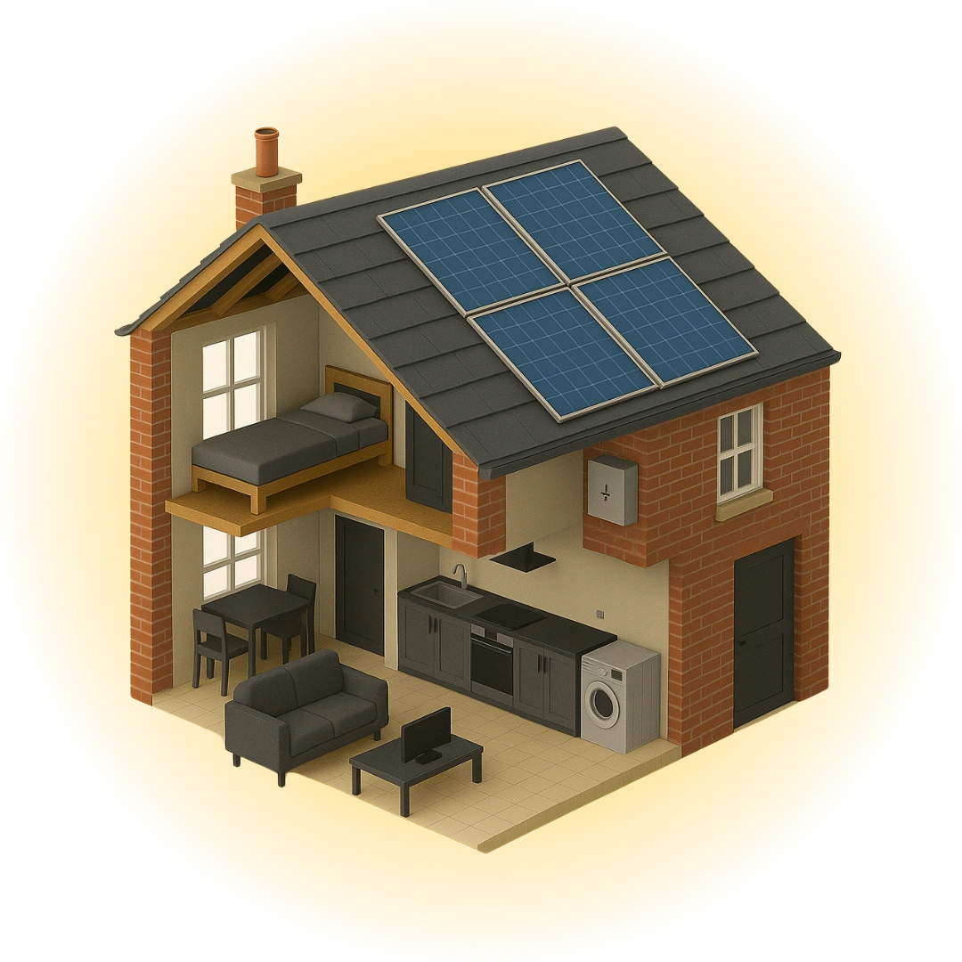 A 3D representation of a small home equipped with a solar panels installed on the roof, emphasizing renewable energy solutions. 