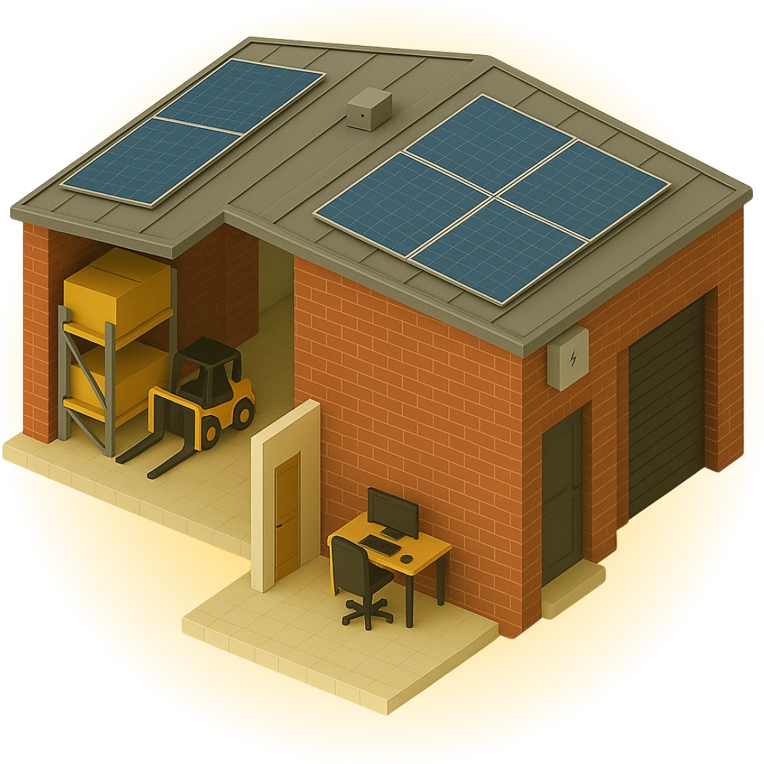 A 3D model of a warehouse featuring solar panels installed on the roof in a commercial solar setting. 