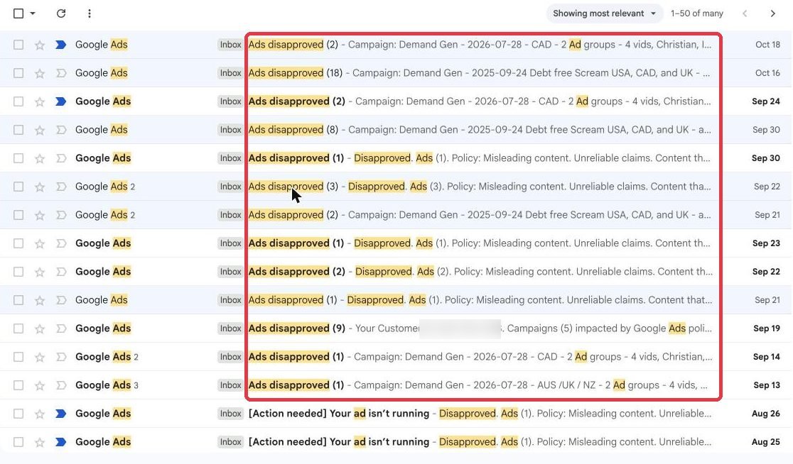 A long list of Ads disapproved emails