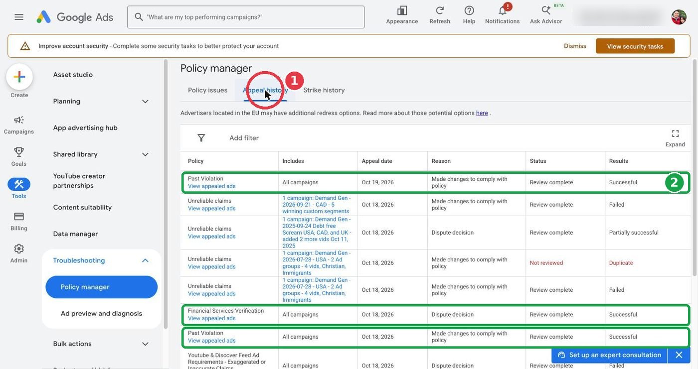 Appeal history: Made changes to comply with policy, successful
