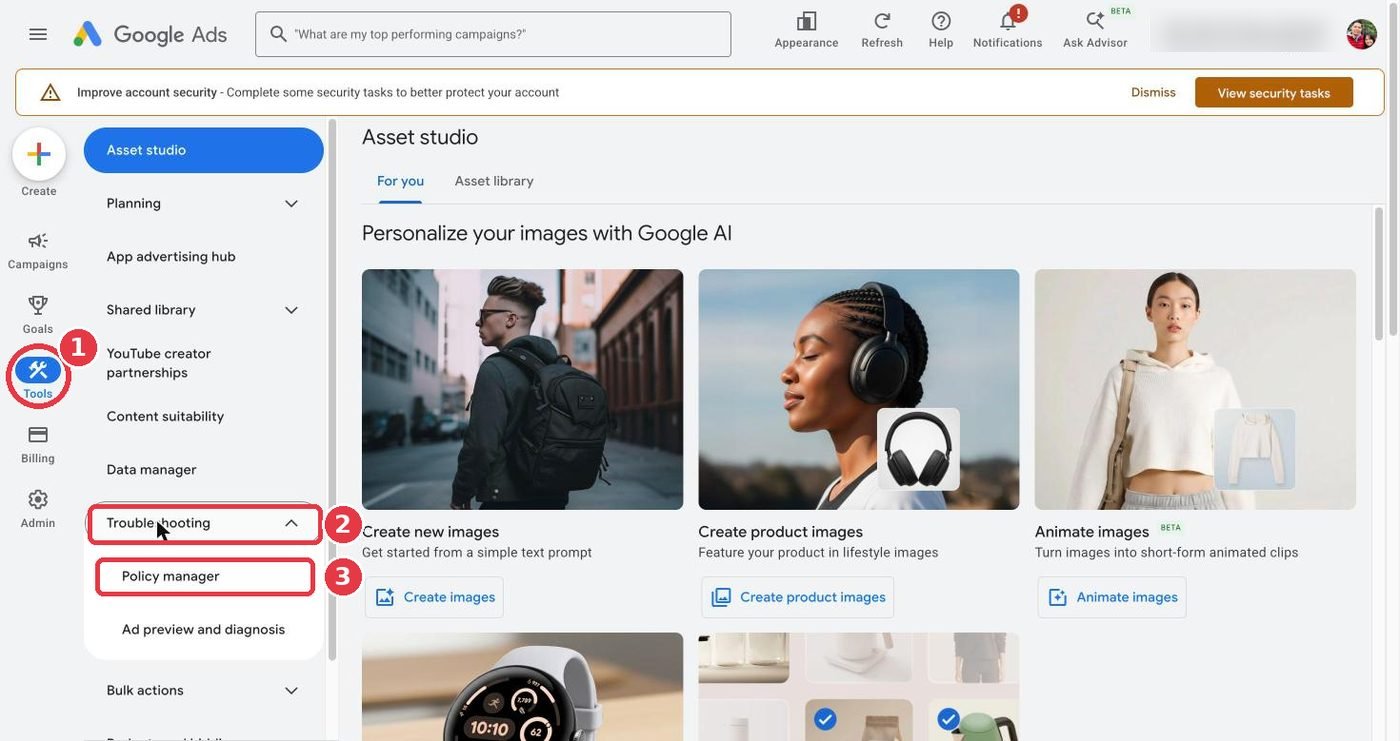 Google Ads menu: Tools, Troubleshooting, Policy manager circled