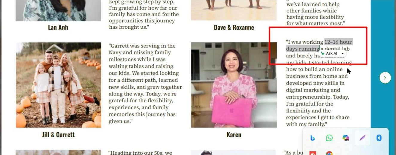 Testimonial with 12-16 hour days boxed in red