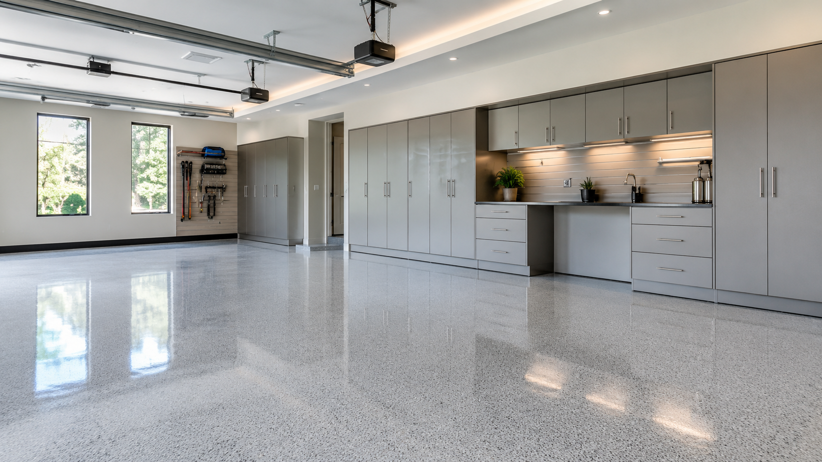 Finished garage with epoxy flooring and storage cabinetry inspiration