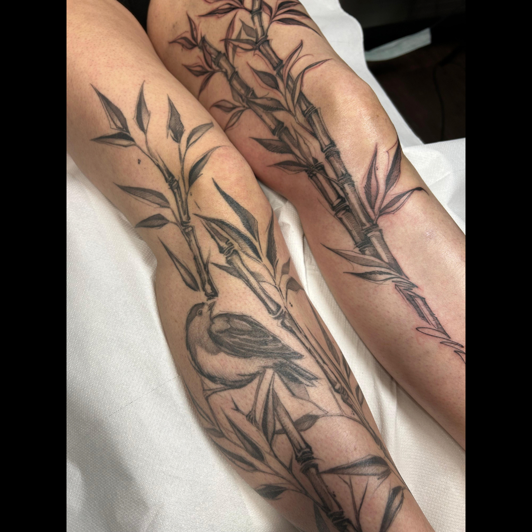 Black and grey tattoo sleeve by Santo Cuervo Tattoo Collective