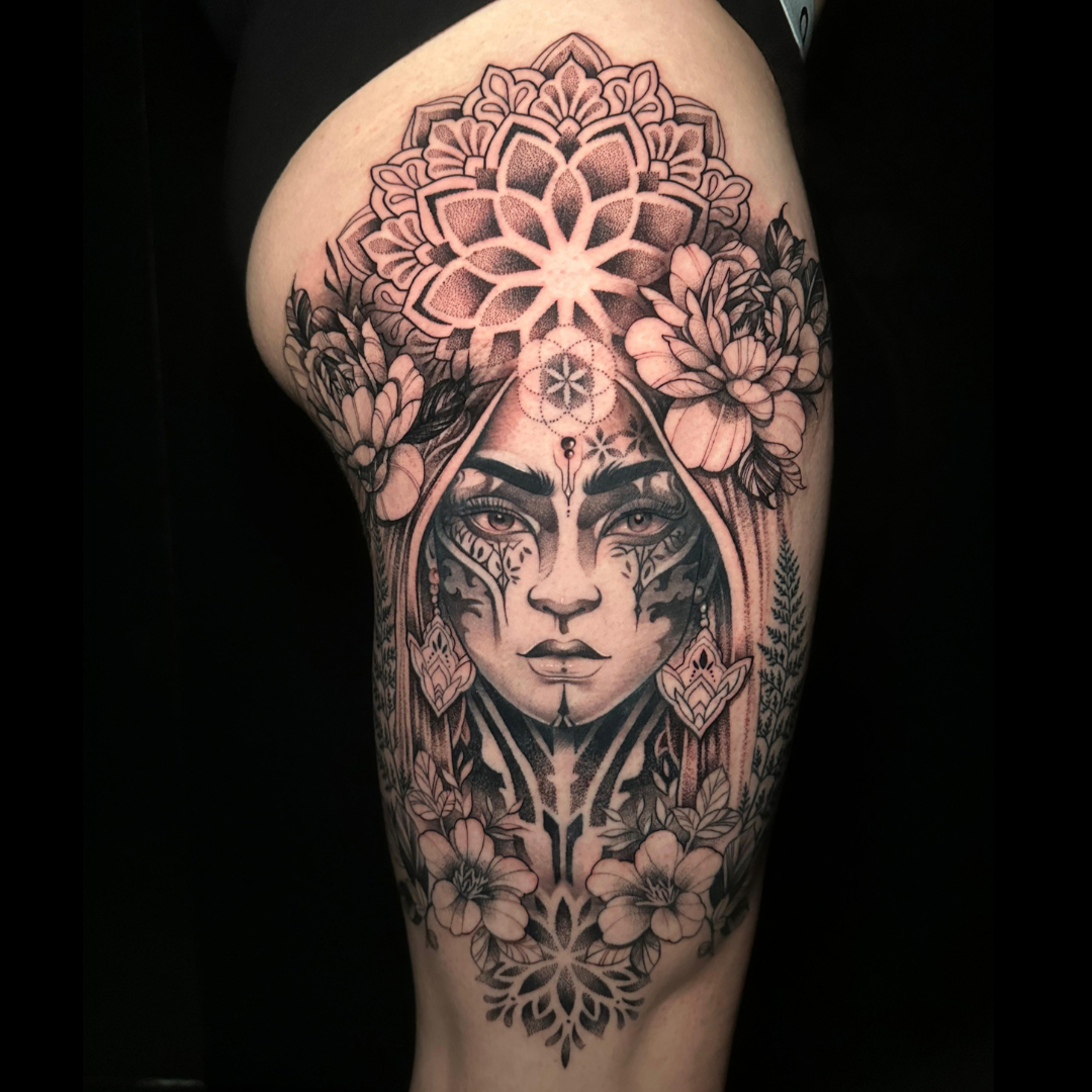 Colour tattoo sleeve by Santo Cuervo Tattoo Collective