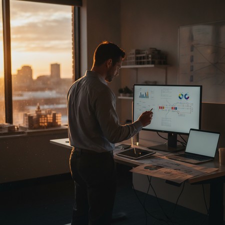 Business operations consultant reviewing workflow performance data