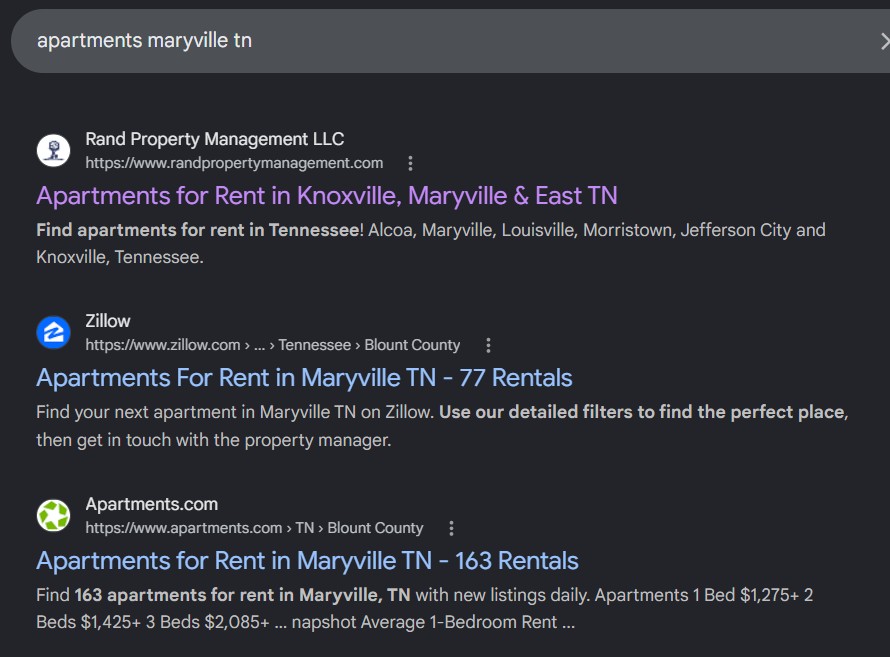 Google SERP: apartments for rent knoxville tn