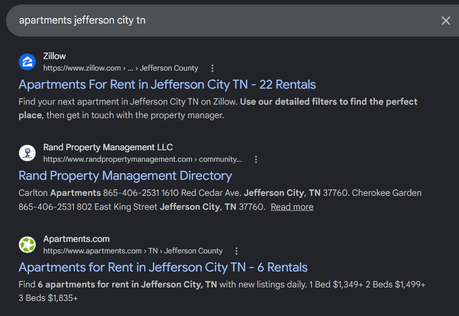 Google SERP: apartments maryville tn