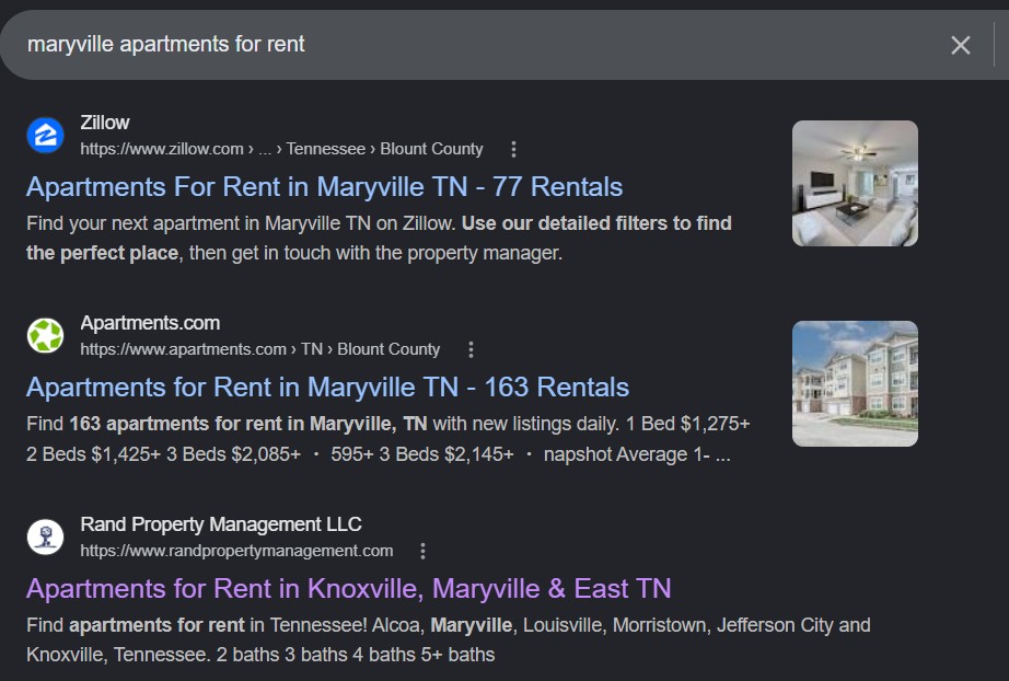 Google SERP: rental properties knoxville tn