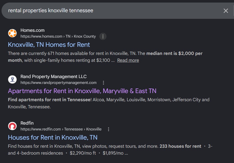 Google SERP: apartments morristown tn