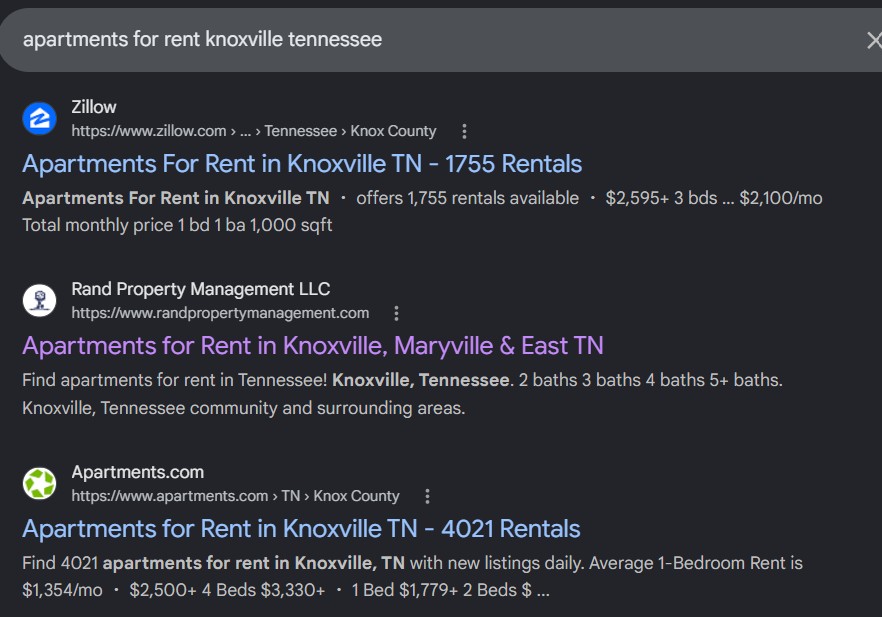 Google SERP: apartments jefferson city tn
