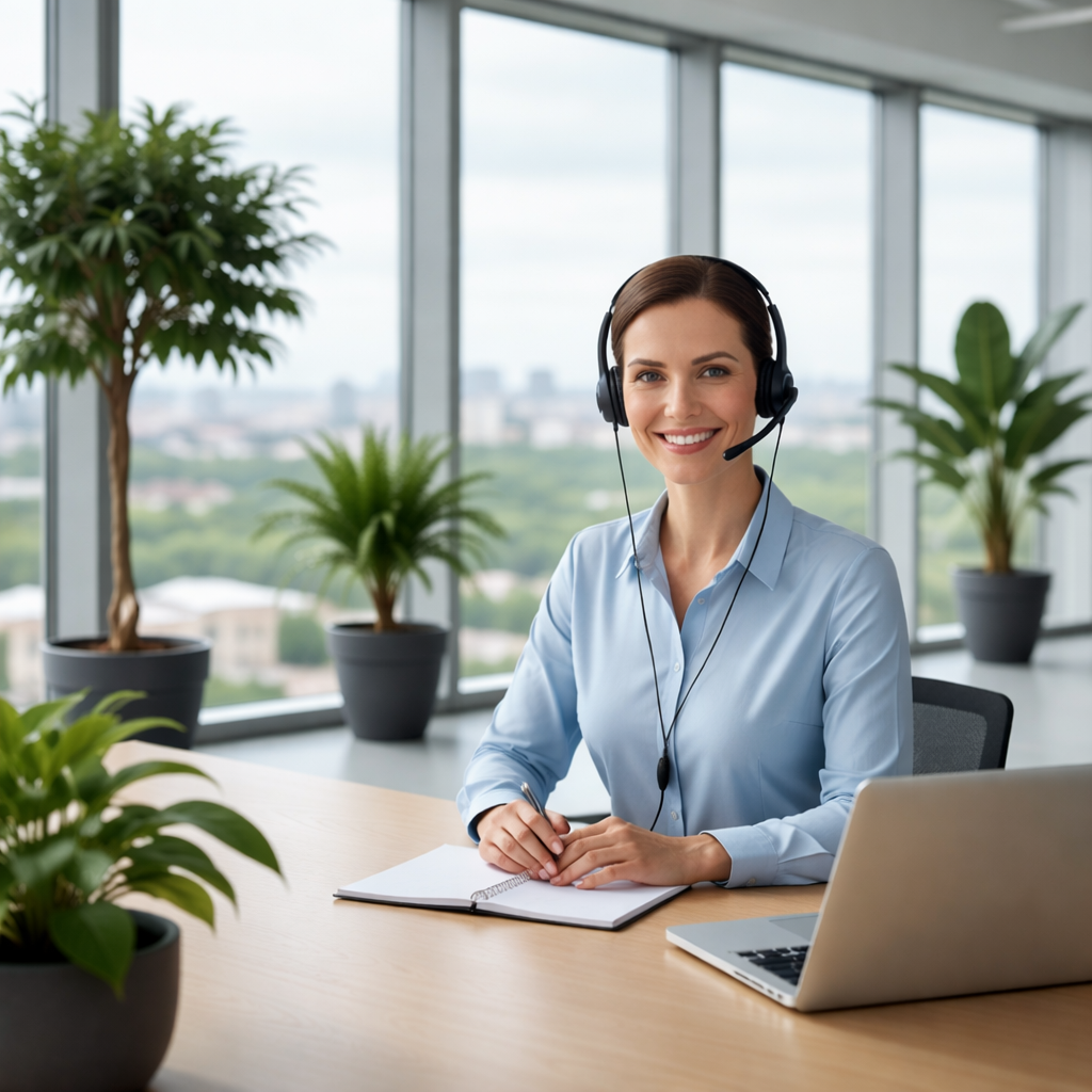 A friendly customer service representative with a headset, smiling at a modern desk with a laptop and notepad. The background shows a bright office with large windows and green plants, conveying approachability and professionalism. The representative is ready to assist with elevator inquiries and scheduling.