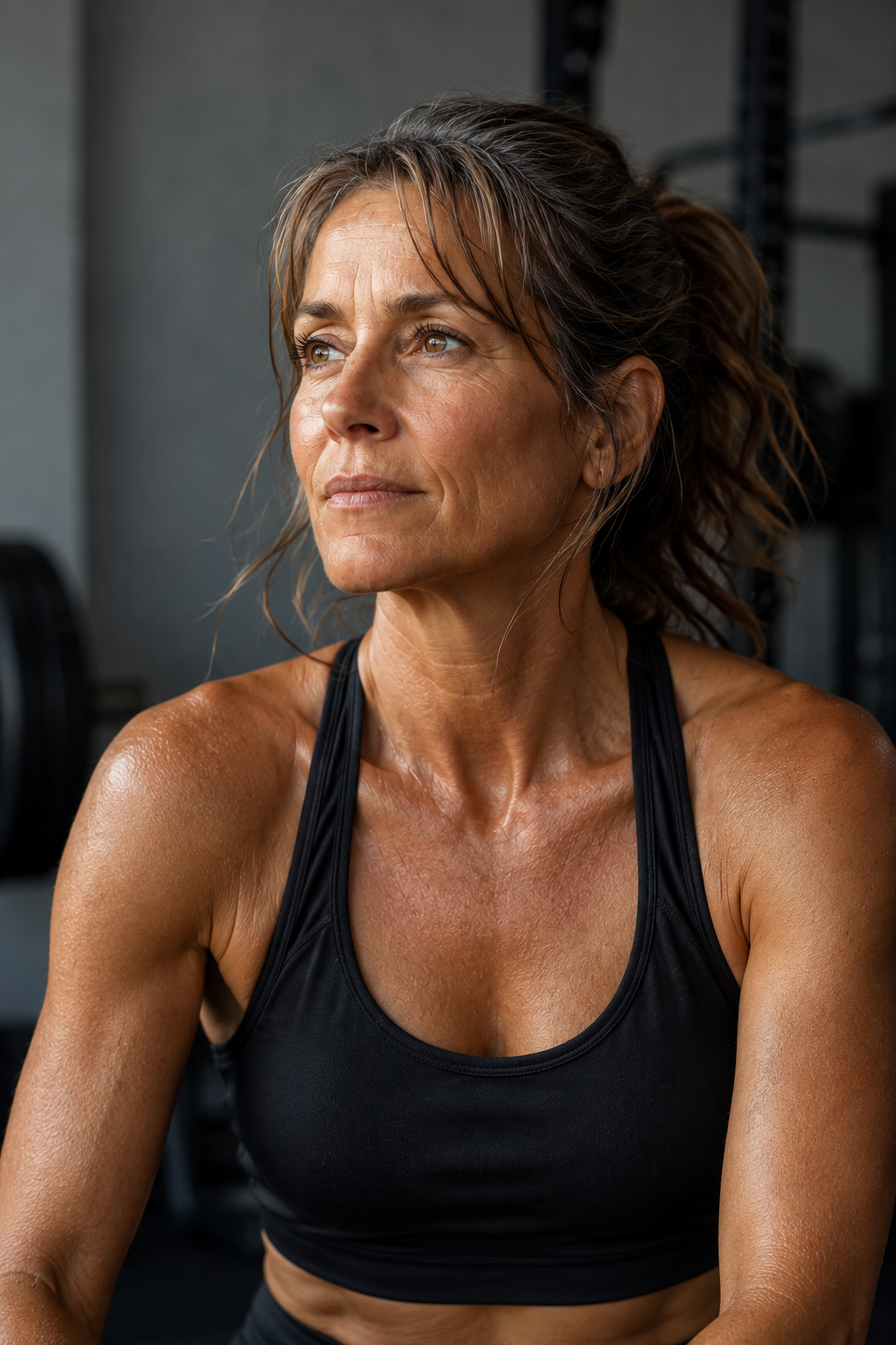 A Fitribe member in her forties training with dumbbells
