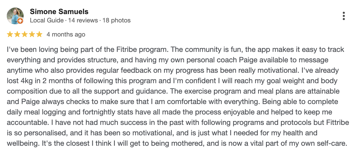 Google review from a Fitribe client
