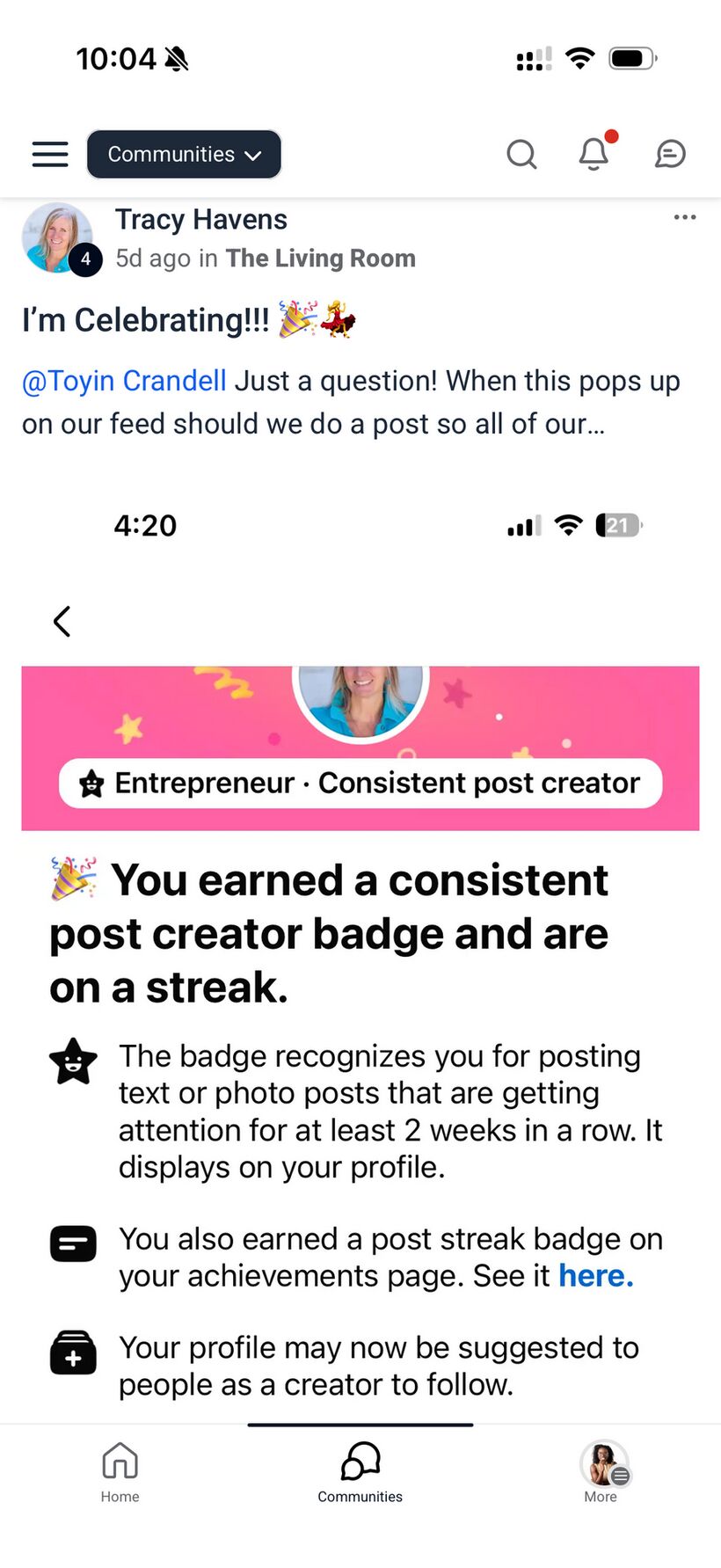 Tracy Havens celebrating — consistent post creator badge