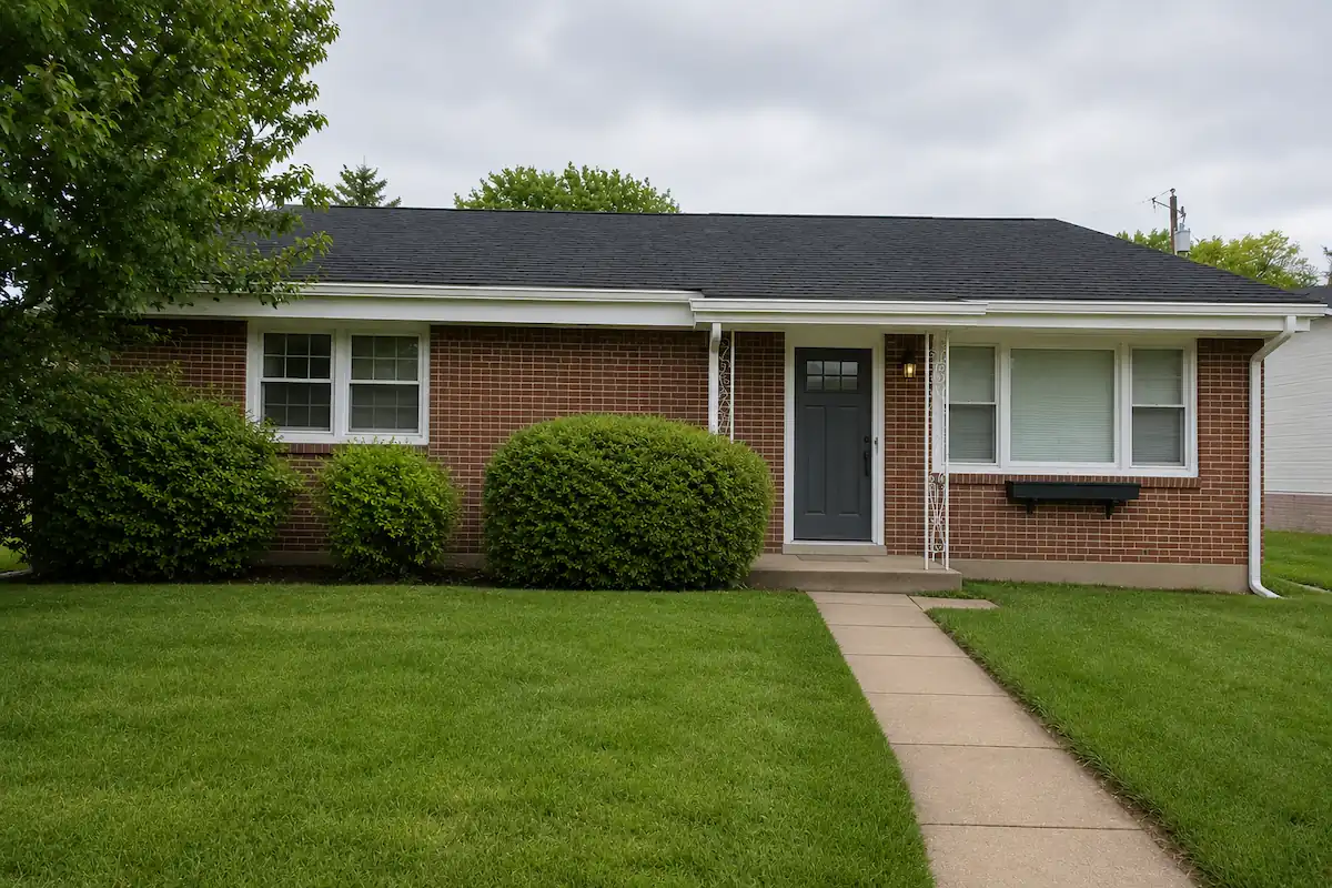 The same style of brick rancher after full renovation with new roof and landscaping