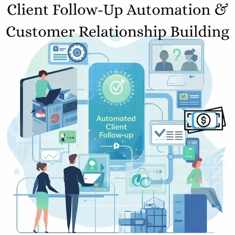 Business professionals using client follow-up automation tools and CRM software to nurture customer relationships. Team members reviewing automated email sequences and communication dashboards to ensure consistent engagement. Visuals highlight streamlined follow-up processes, improved client retention, and building a brand recognized for exceptional customer care and loyalty. Near me