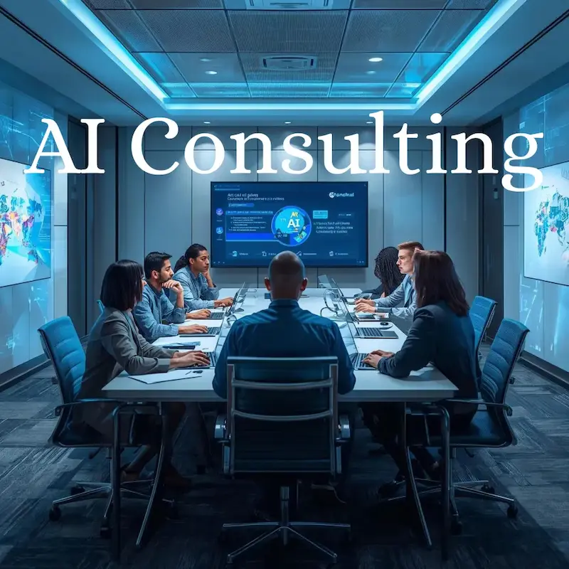 AI consultants guiding business leaders through AI strategy development in a modern office. Team members reviewing AI solutions, data analytics, and digital transformation plans. Visuals emphasize approachable technology, expert guidance, and crafting actionable AI strategies for businesses seeking innovation, agility, and industry leadership. Near me
