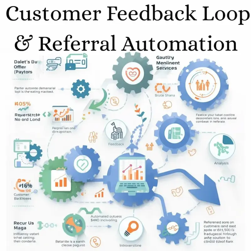Business team implementing automated customer feedback and referral systems using digital tools. Professionals analyzing feedback data and managing referral programs to enhance customer insights and drive word-of-mouth growth. Visuals highlight the collection of client feedback, resolving issues, and transforming happy customers into brand ambassadors for continuous business improvement. Near me