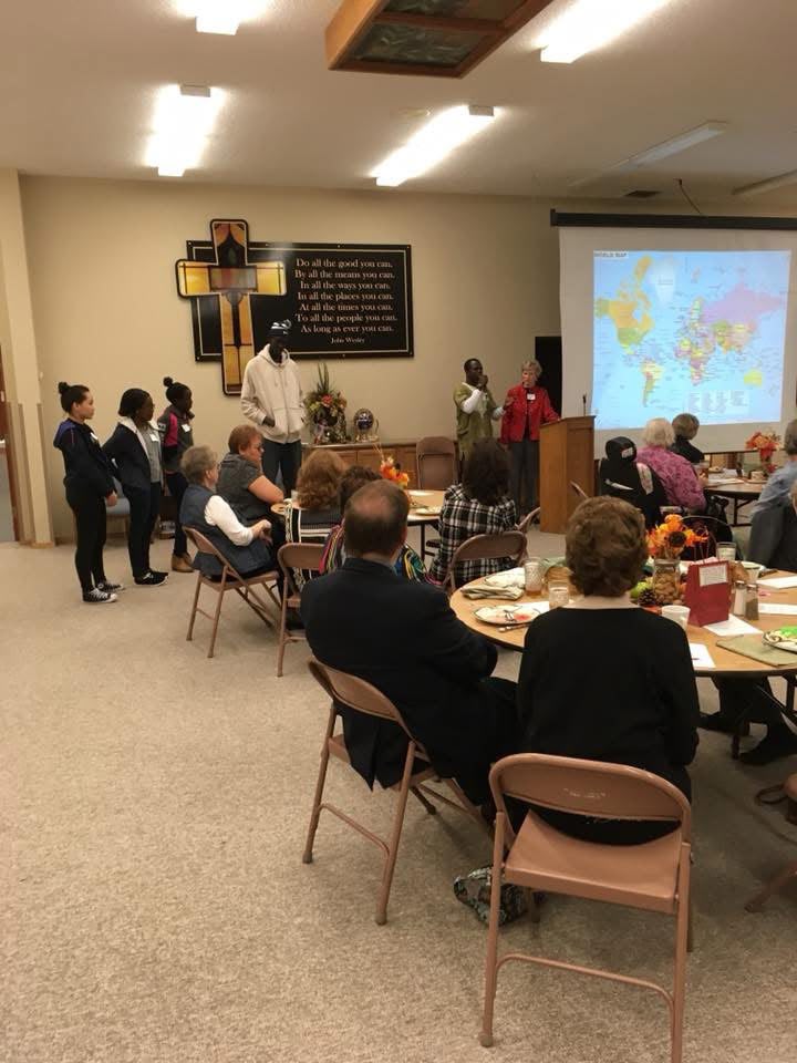 The Church Women United cultural exchange with Colby Community College international students from Mongolia, Burundi, Kenya, South Sudan, and Liberia.