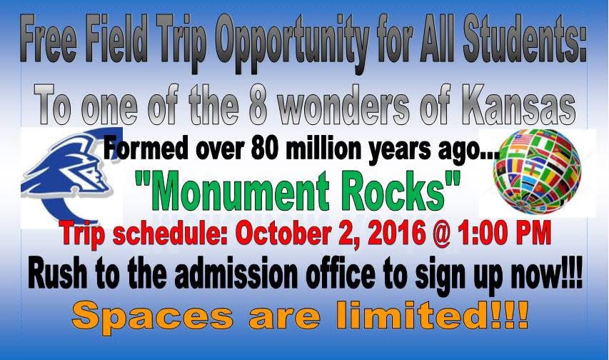The original 2016 flyer advertising the free Monument Rocks field trip for Colby Community College students, organized by Connie Davis and First Presbyterian Church of Colby