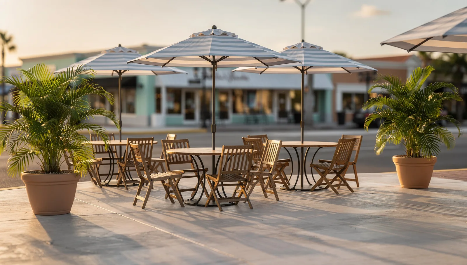 Empty sidewalk cafe with umbrellas and palms at sunrise in Port St. Lucie