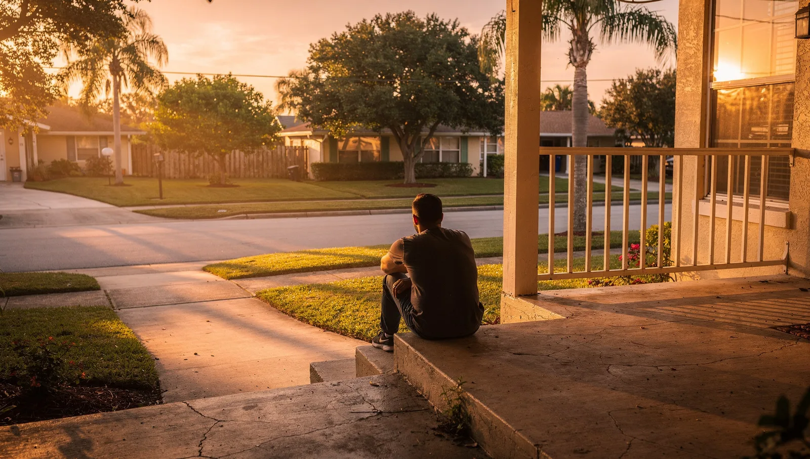 Person on porch steps at sunrise looking at quiet street, golden light, Stuart Florida