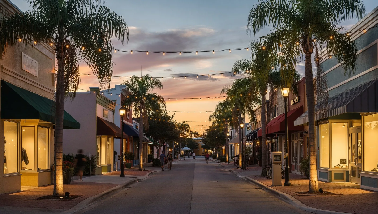 Palm-lined main street at dusk with string lights, Port St. Lucie