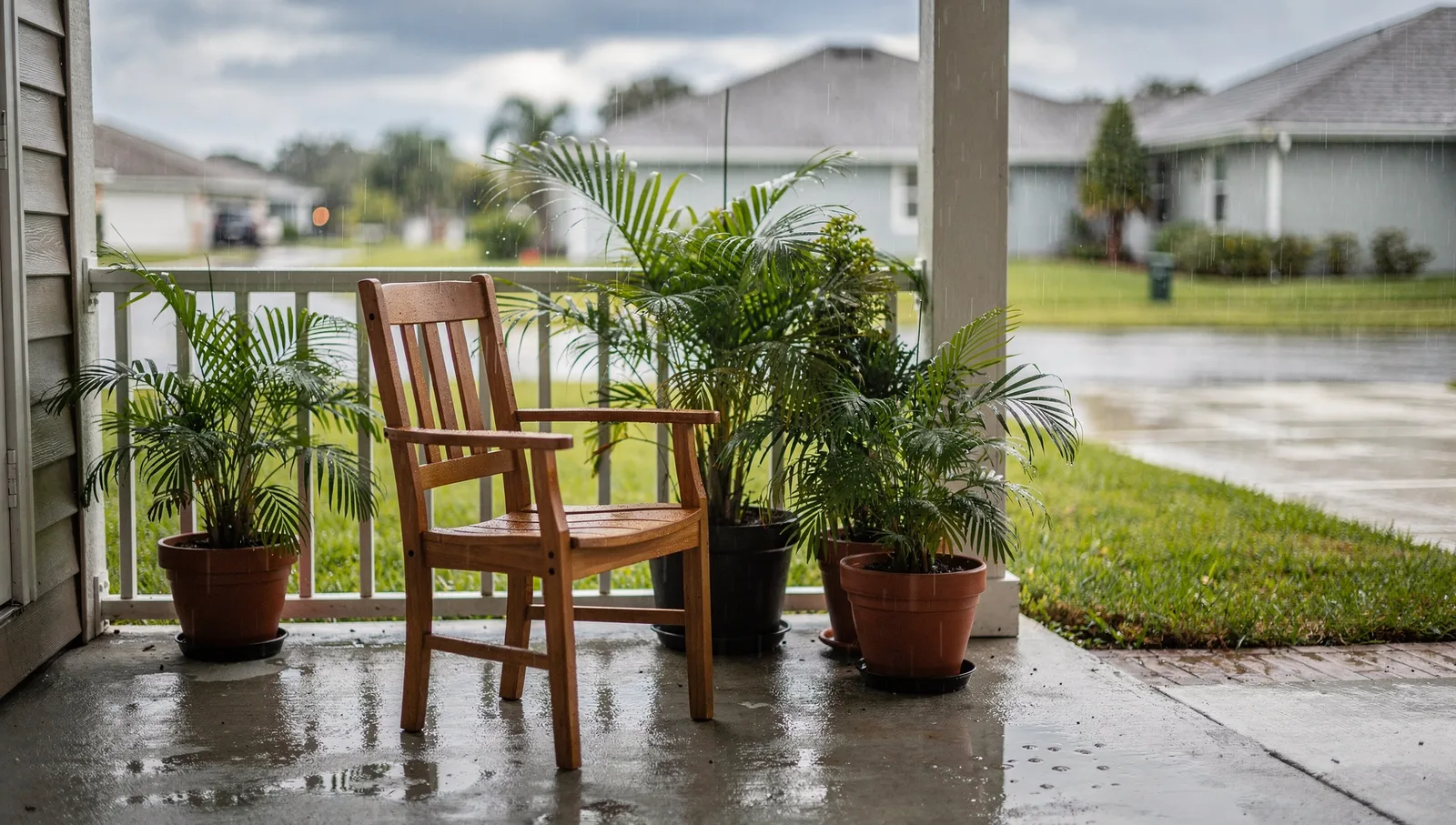 Rain-freshened front porch with seating and palms in morning light, Fort Pierce area