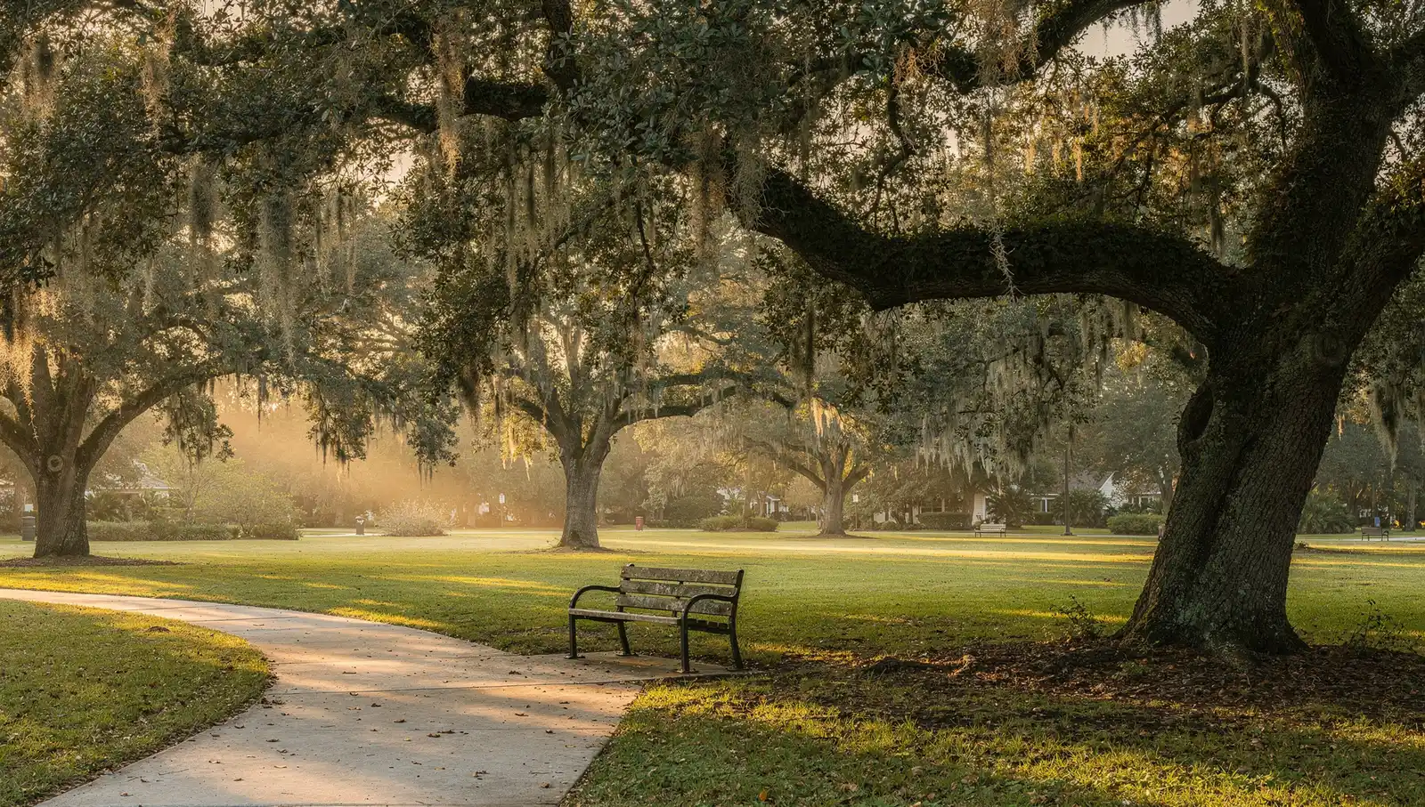 Park with live oaks and Spanish moss at sunrise, St. Lucie County, golden dappled light on path