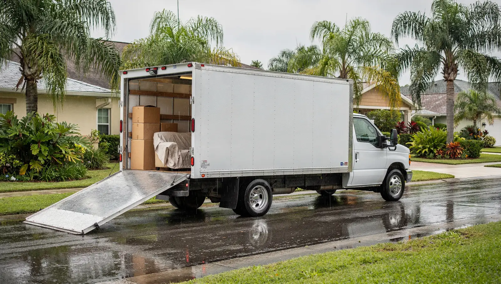 Moving truck with ramp down on wet street in Port St. Lucie after rain
