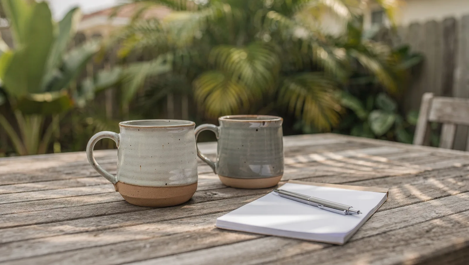 Coffee and notepad on a patio table with palm shadows in Stuart, Florida
