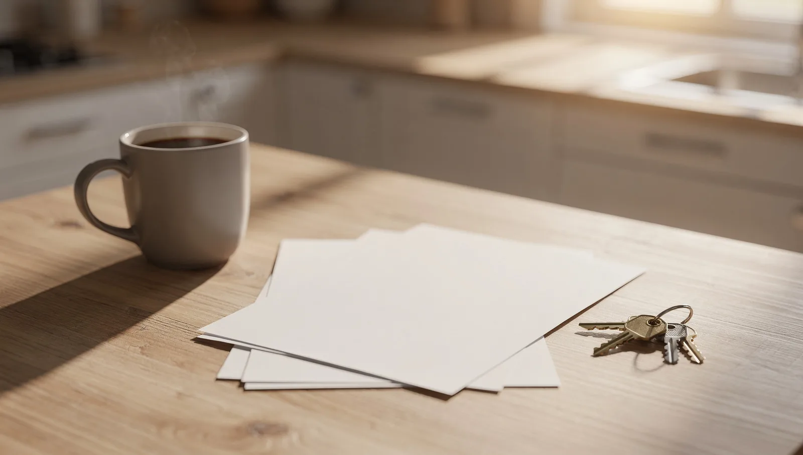 Keys and blank paperwork on kitchen table during home sale process