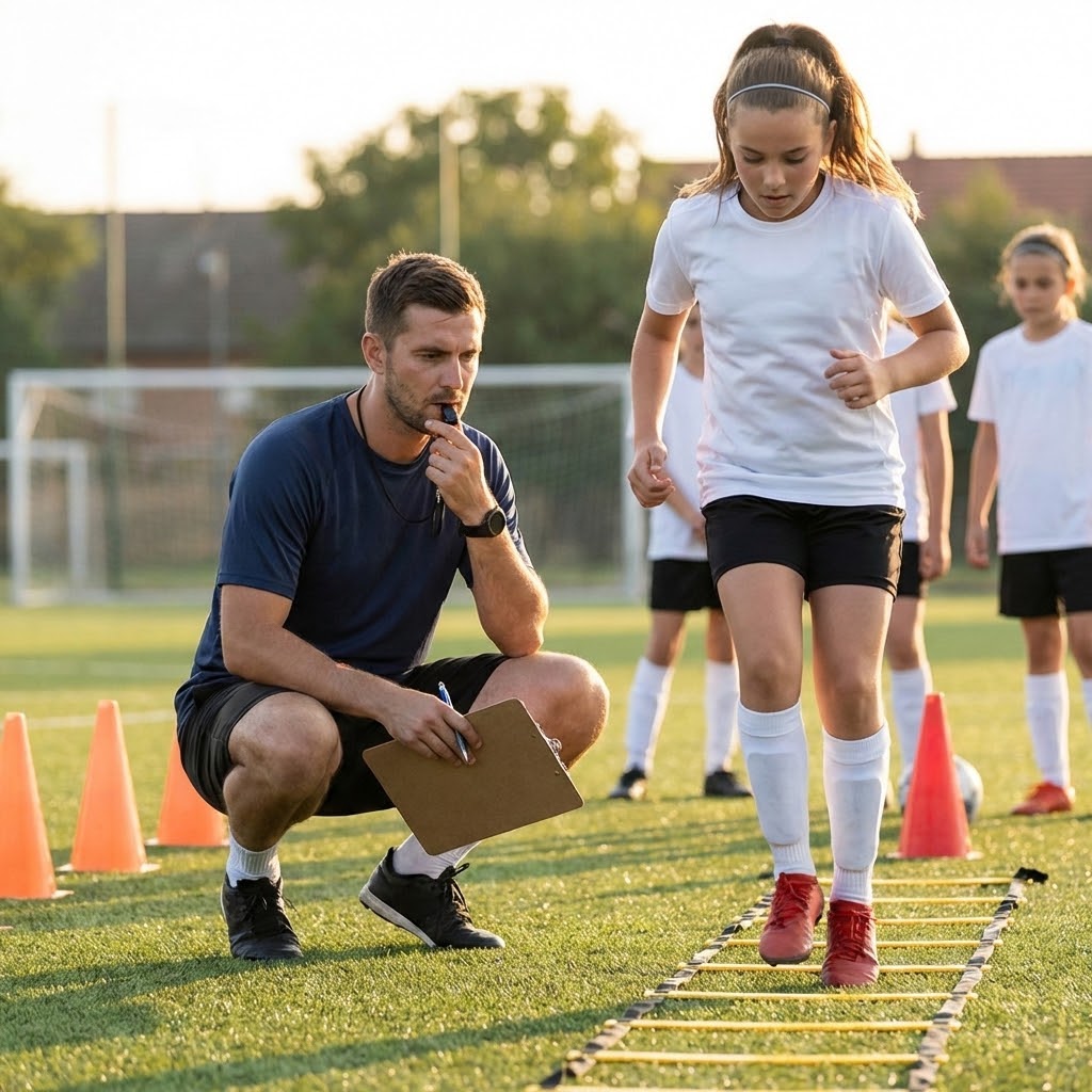 young coach training a young girl on ladder drills while here teammates observe young coach training a young girl on ladder drills while here teammates observe