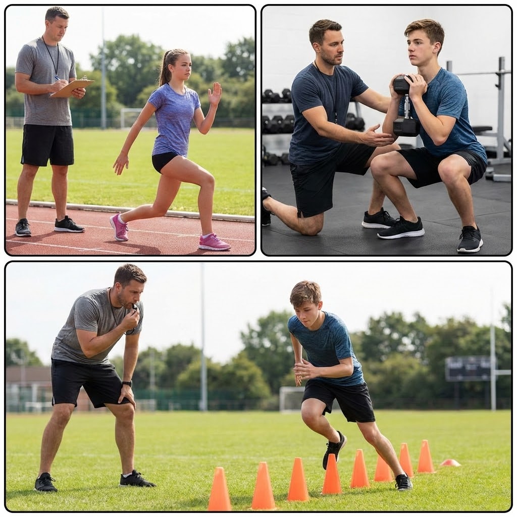 collage of coach training three different athletes collage of coach training three different athletes